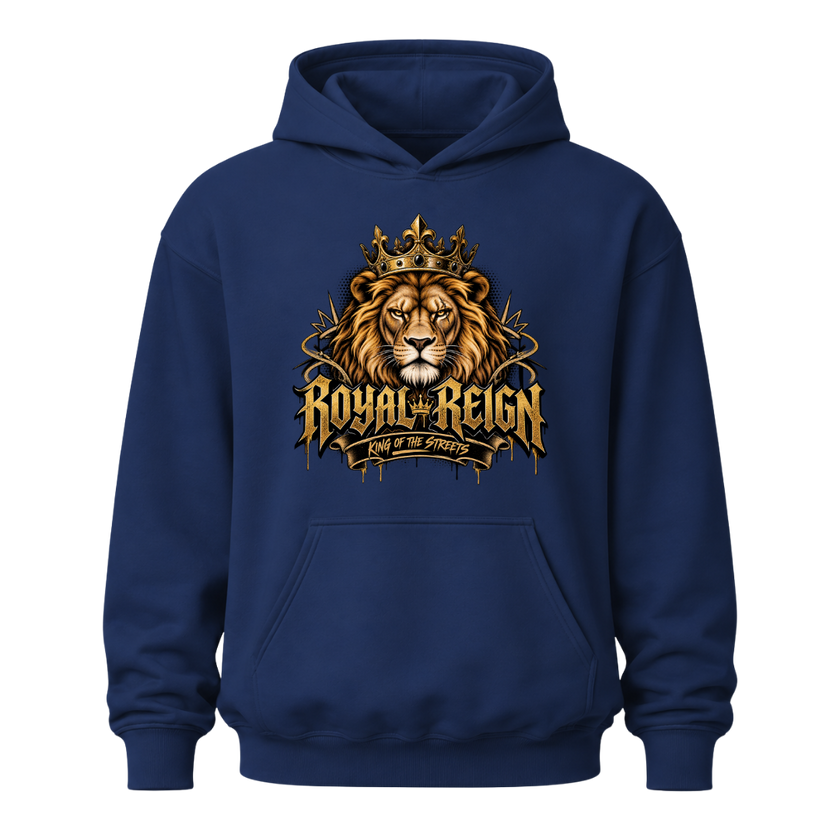 Navy men's Royal Reign lion hoodie featuring detailed gold crown artwork and bold urban streetwear graphic