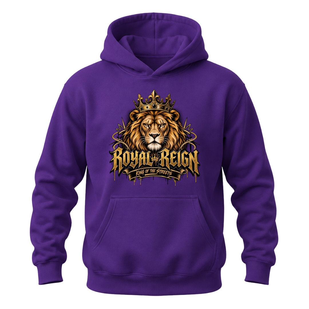 Purple men's lion hoodie featuring a golden crowned lion, Royal Reign lettering and King of the Streets design