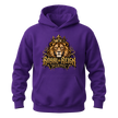 Purple men's lion hoodie featuring a golden crowned lion, Royal Reign lettering and King of the Streets design