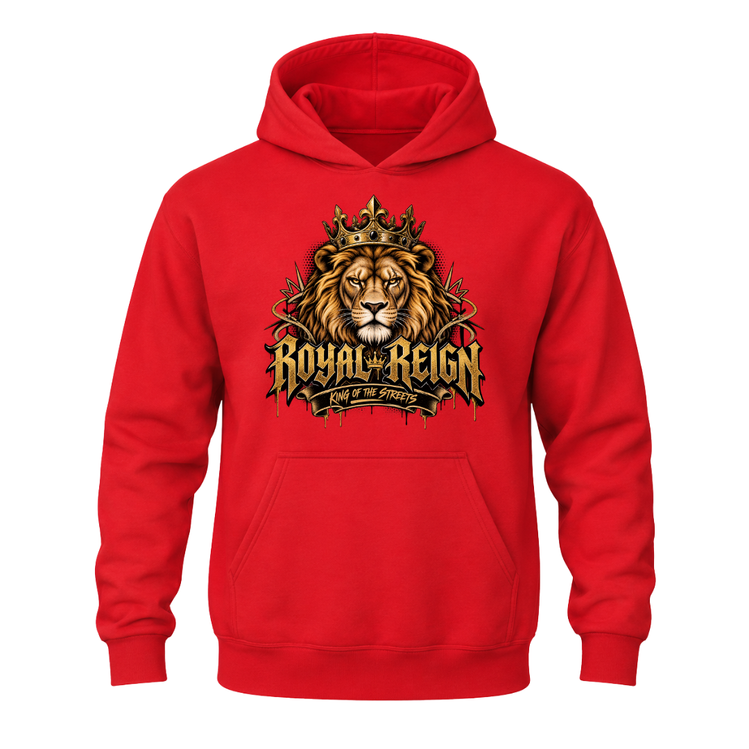 Red men's Royal Reign graphic hoodie with detailed crowned lion artwork and bold gold streetwear typography