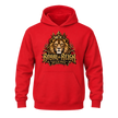 Red men's Royal Reign graphic hoodie with detailed crowned lion artwork and bold gold streetwear typography