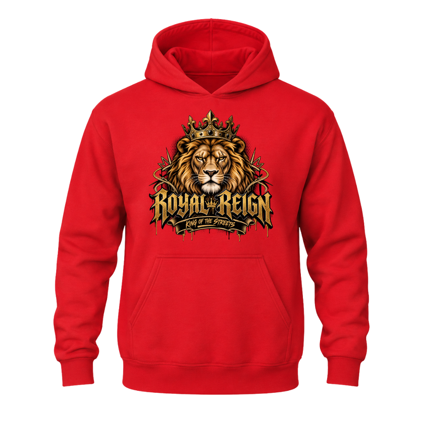 Red men's Royal Reign graphic hoodie with detailed crowned lion artwork and bold gold streetwear typography