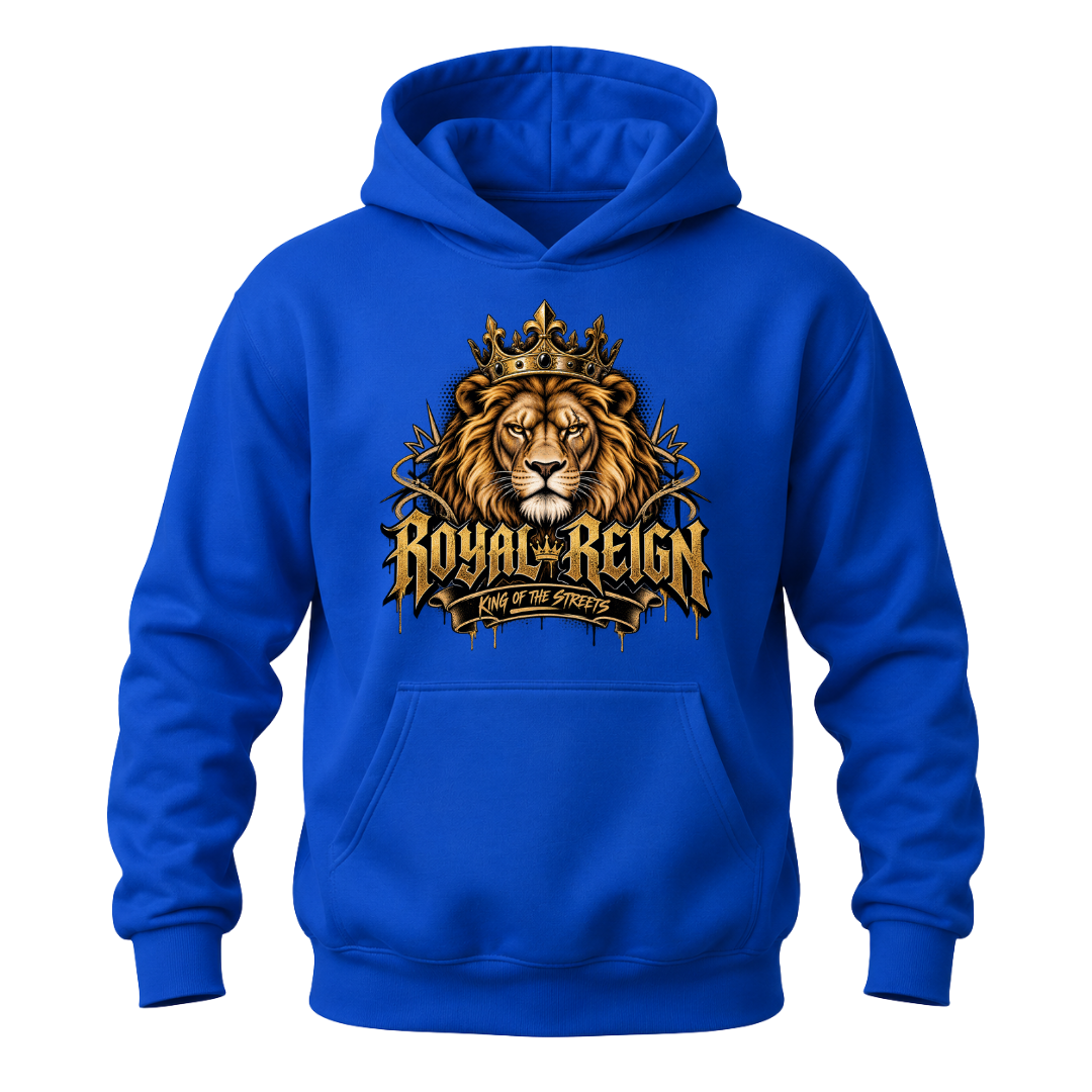 Royal blue men's lion hoodie featuring Royal Reign crowned lion artwork and King of the Streets front graphic