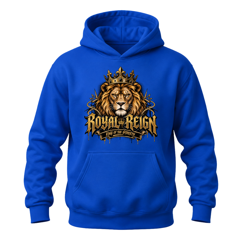 Royal blue men's lion hoodie featuring Royal Reign crowned lion artwork and King of the Streets front graphic