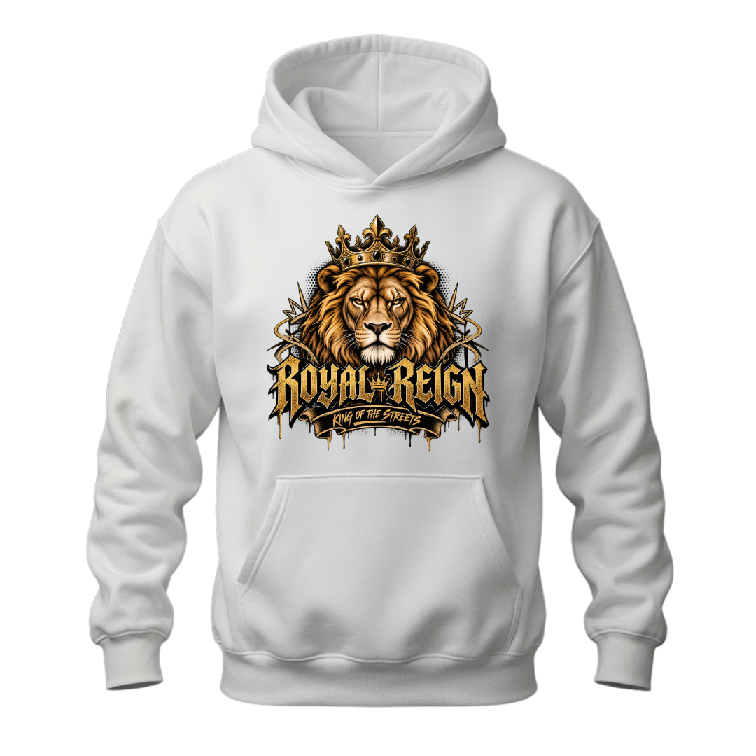 White men's Royal Reign hoodie featuring a detailed golden crowned lion and bold King of the Streets artwork