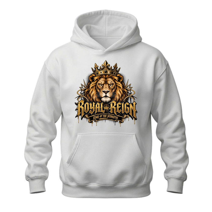 White men's Royal Reign hoodie featuring a detailed golden crowned lion and bold King of the Streets artwork