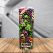 Spooky mom Halloween tumbler with Mombie character holding a green drink surrounded by pumpkins, skulls, roses and spider webs.