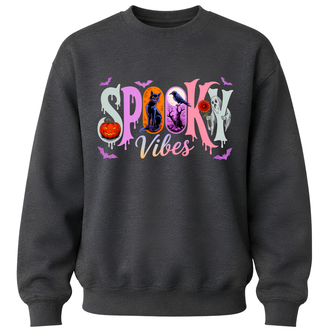 Charcoal grey kids Halloween sweatshirt with pastel Spooky Vibes graphic featuring pumpkins, bats, ghost, black cat and spooky fall artwork.