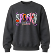 Charcoal grey kids Halloween sweatshirt with pastel Spooky Vibes graphic featuring pumpkins, bats, ghost, black cat and spooky fall artwork.