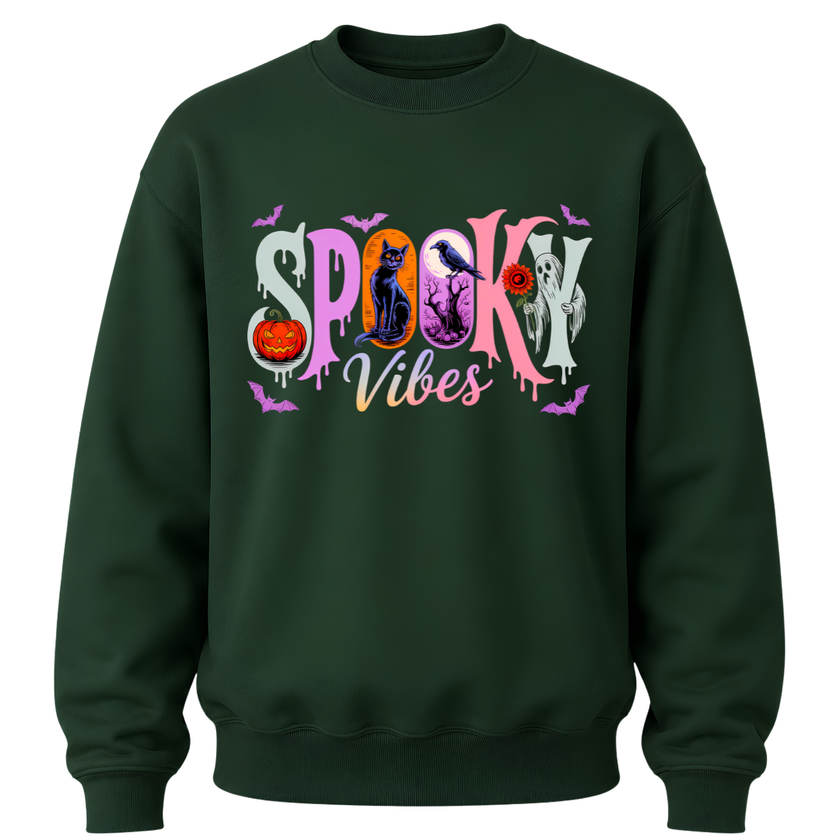 Youth Spooky Vibes Halloween crewneck available in seasonal colours with colourful pumpkin, ghost, raven, black cat and bat design.