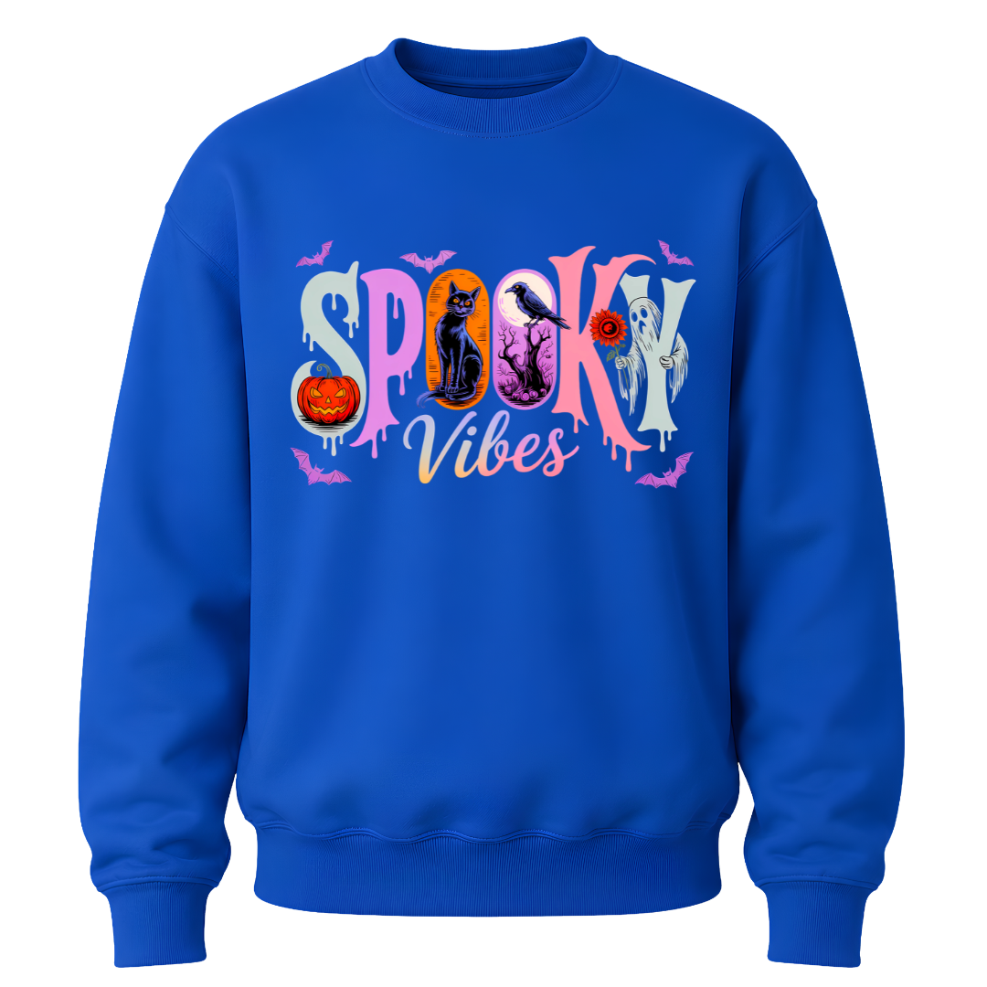 Youth Royal Blue Spooky Vibes Halloween crewneck available in seasonal colours with colourful pumpkin, ghost, raven, black cat and bat design.