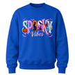 Youth Royal Blue Spooky Vibes Halloween crewneck available in seasonal colours with colourful pumpkin, ghost, raven, black cat and bat design.