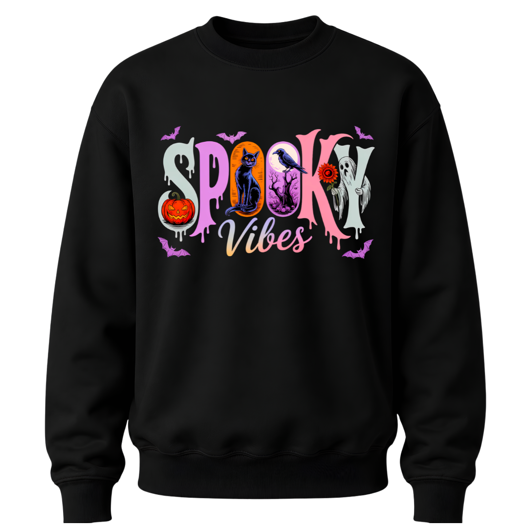 Black youth Halloween crewneck sweater featuring colourful Spooky Vibes lettering with pumpkin, black cat, raven, ghost and bats.