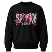 Black youth Halloween crewneck sweater featuring colourful Spooky Vibes lettering with pumpkin, black cat, raven, ghost and bats.