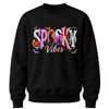 Black youth Halloween crewneck sweater featuring colourful Spooky Vibes lettering with pumpkin, black cat, raven, ghost and bats.