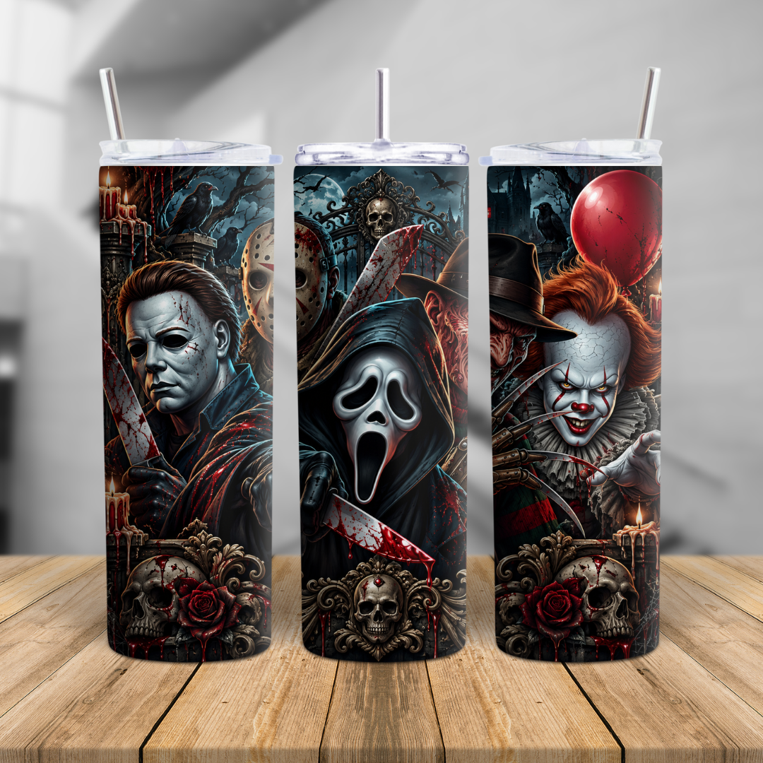 Halloween tumbler on wooden table featuring horror villain inspired design with dark gothic details and insulated cup style