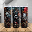 Halloween tumbler on wooden table featuring horror villain inspired design with dark gothic details and insulated cup style