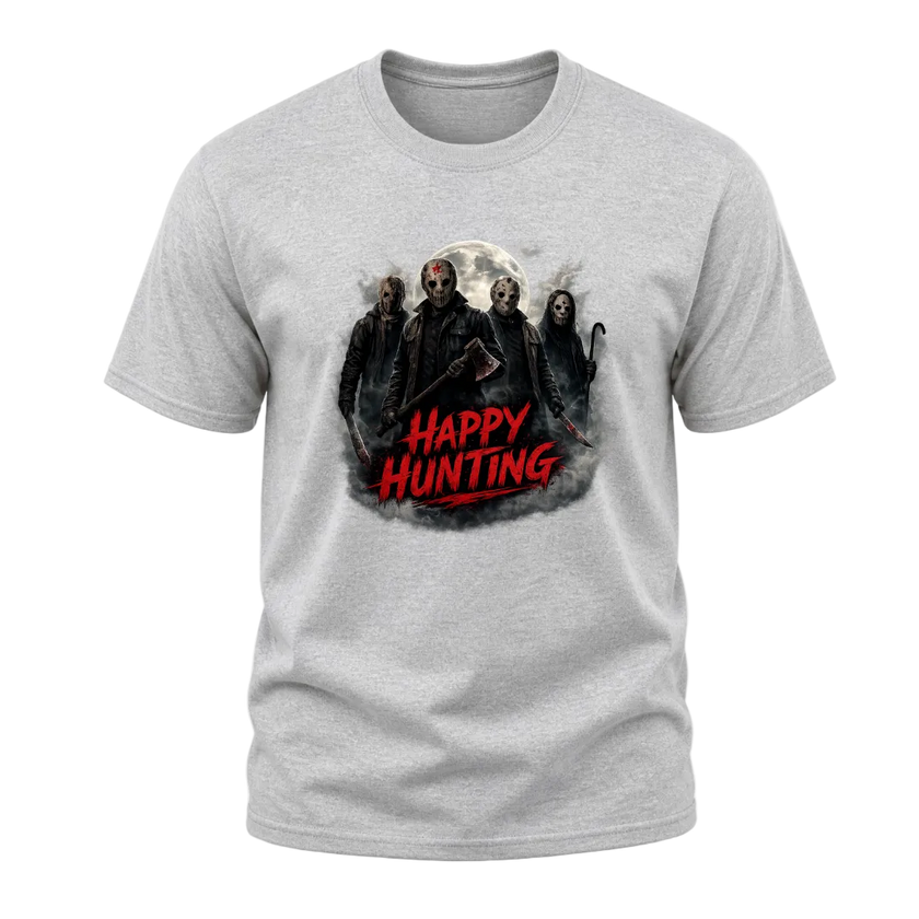 Sport grey adult Halloween graphic tee displaying masked horror figures, a glowing moon and smoky cinematic artwork.