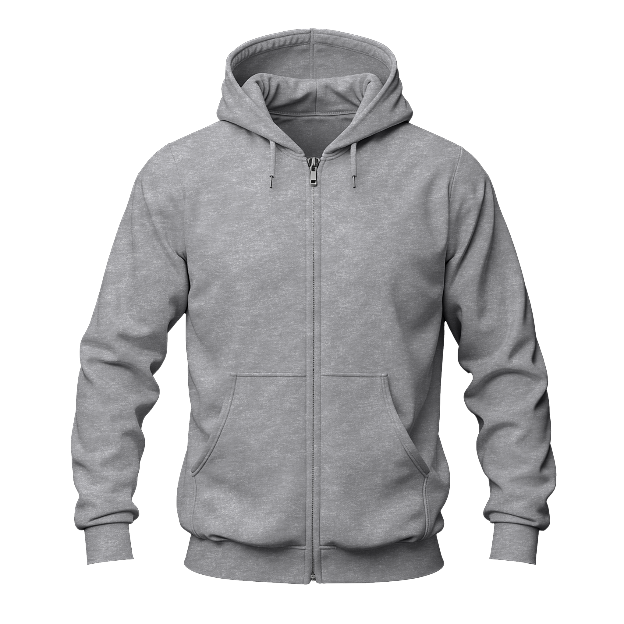A classic sport gray zip-up hoodie with a full front zipper, drawstring hood, ribbed cuffs and hem, and a front kangaroo pocket, shown on a plain white background.