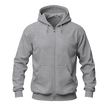 A classic sport gray zip-up hoodie with a full front zipper, drawstring hood, ribbed cuffs and hem, and a front kangaroo pocket, shown on a plain white background.