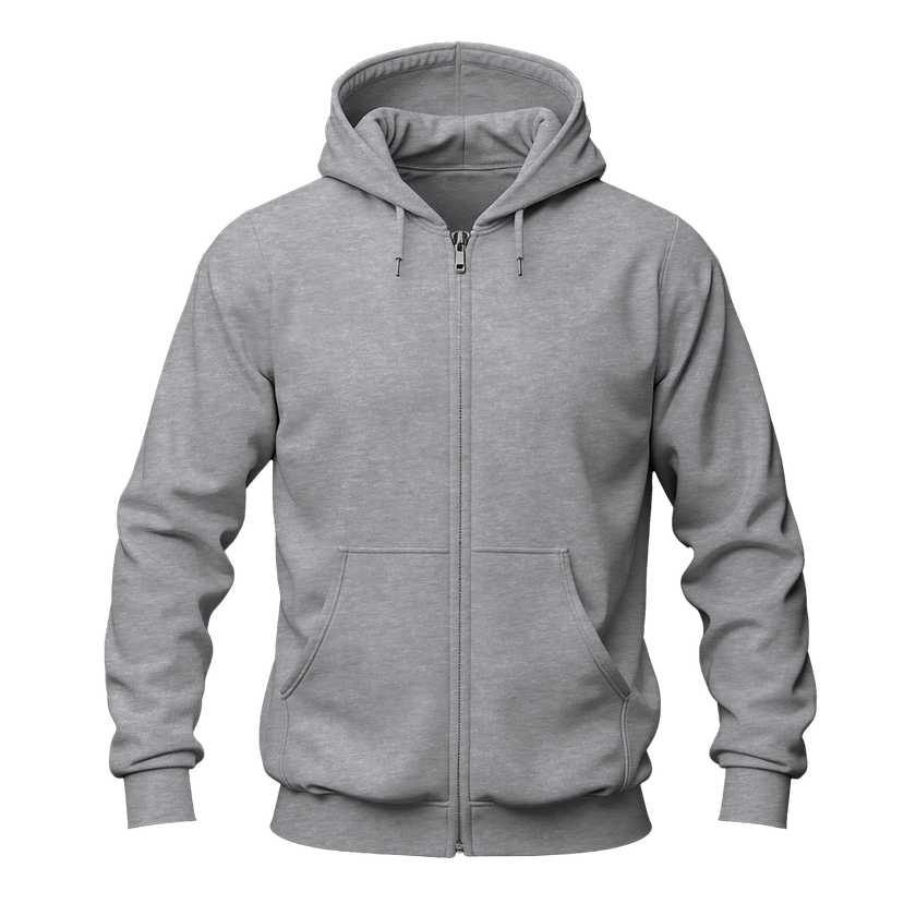 A classic sport gray zip-up hoodie with a full front zipper, drawstring hood, ribbed cuffs and hem, and a front kangaroo pocket, shown on a plain white background.