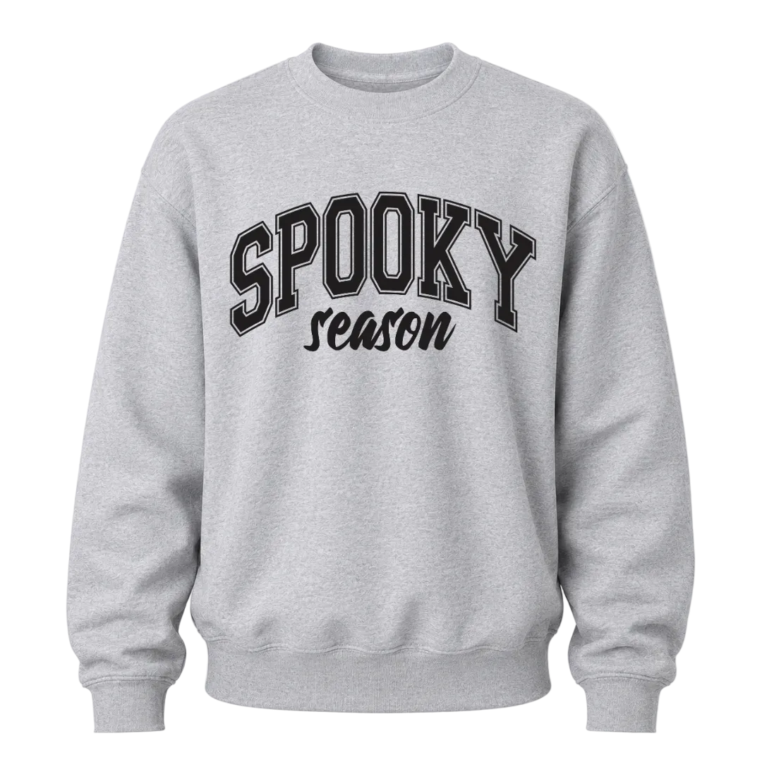 Sports grey Spooky Season graphic sweatshirt with black lettering designed for casual Halloween and autumn wear