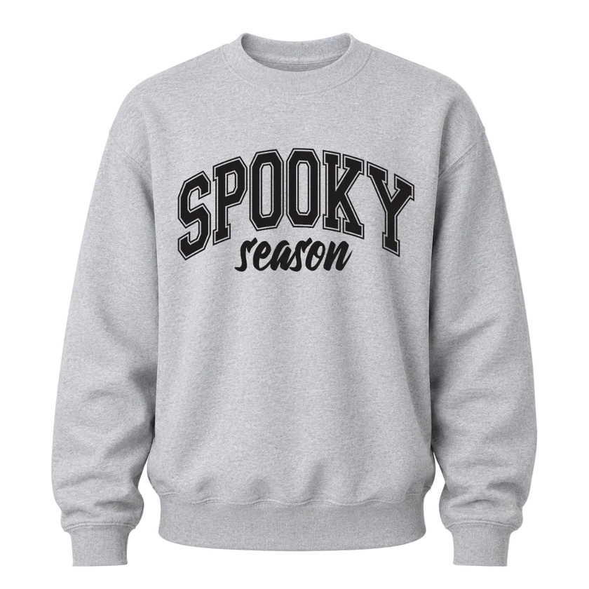 Sports grey Spooky Season graphic sweatshirt with black lettering designed for casual Halloween and autumn wear