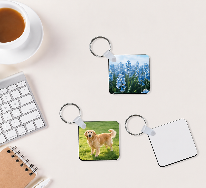 Three square keychains with metal key rings are arranged on a light beige desk surface. One keychain shows a blue flower field, one shows a golden retriever on green grass, and one is blank white.