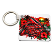 A rectangular metal keychain with a silver split ring, featuring a colorful graphic of the Trinidad and Tobago flag, red hibiscus flowers, palm trees, and the words 'Trinidad & Tobago' in stylized red lettering on a white background.
