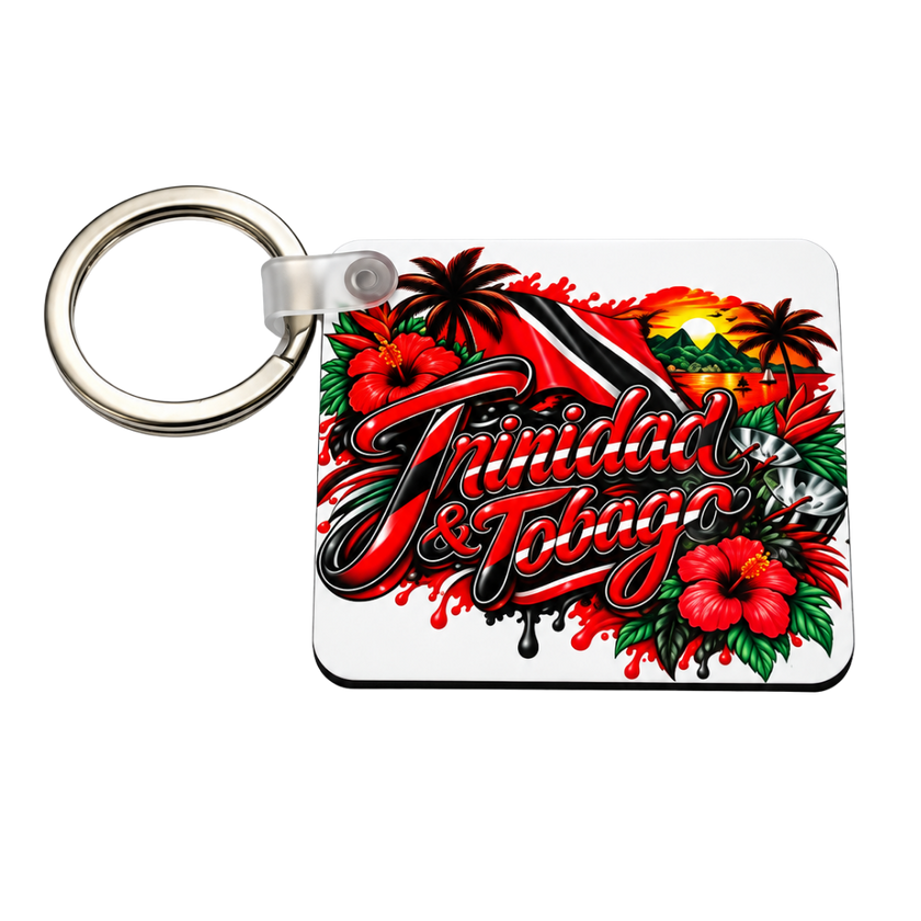 A rectangular metal keychain with a silver split ring, featuring a colorful graphic of the Trinidad and Tobago flag, red hibiscus flowers, palm trees, and the words 'Trinidad & Tobago' in stylized red lettering on a white background.