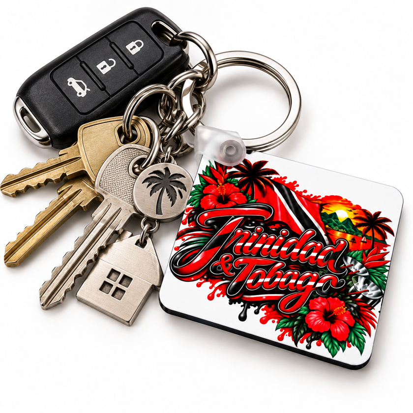 Trinidad and Tobago Caribbean pride keychain with bold tropical hibiscus flowers, palm trees, sunset scenery and national flag inspired design.