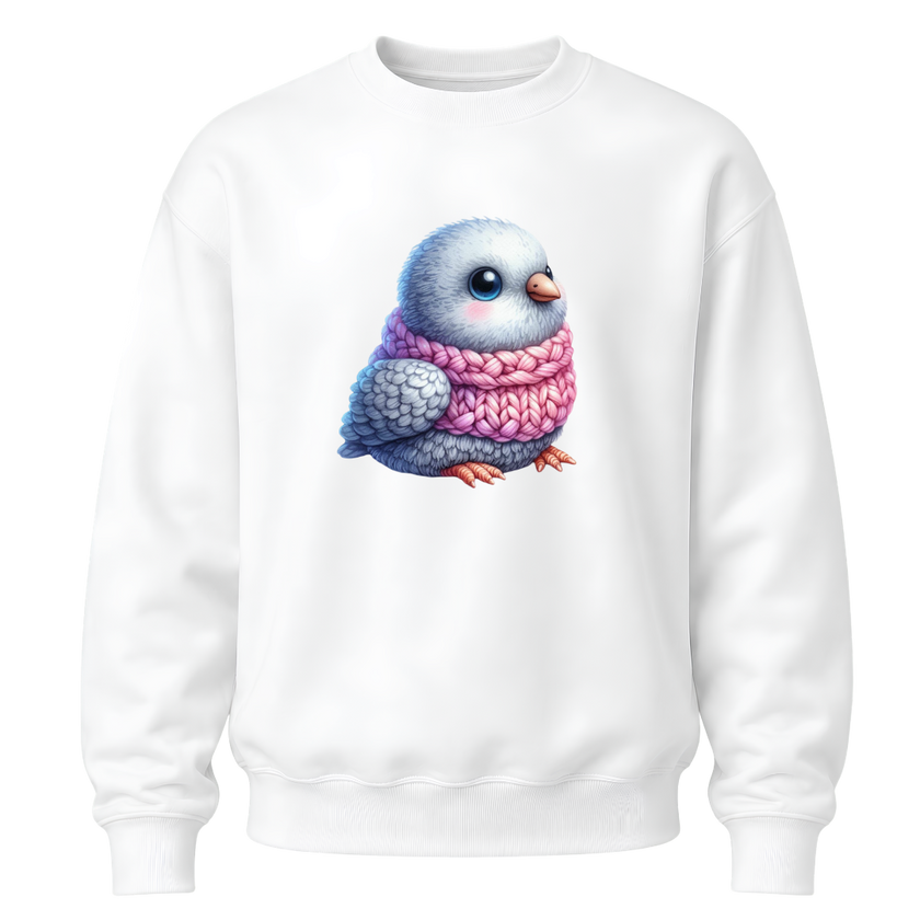 White youth crewneck sweatshirt displaying a cute bird character in a knitted scarf design.