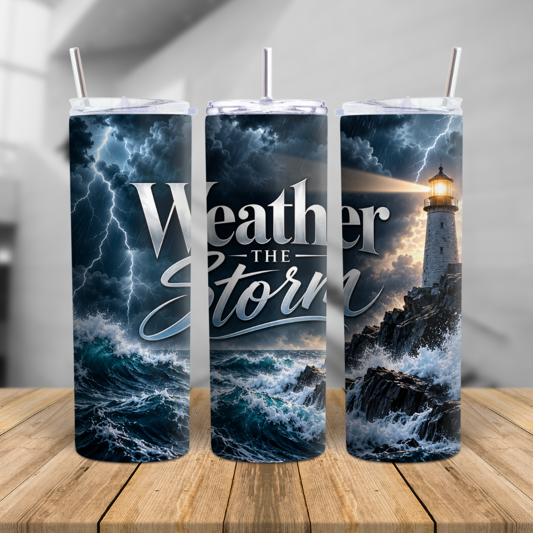 20oz Weather the Storm tumbler featuring a glowing lighthouse, lightning, dark storm clouds and crashing ocean waves