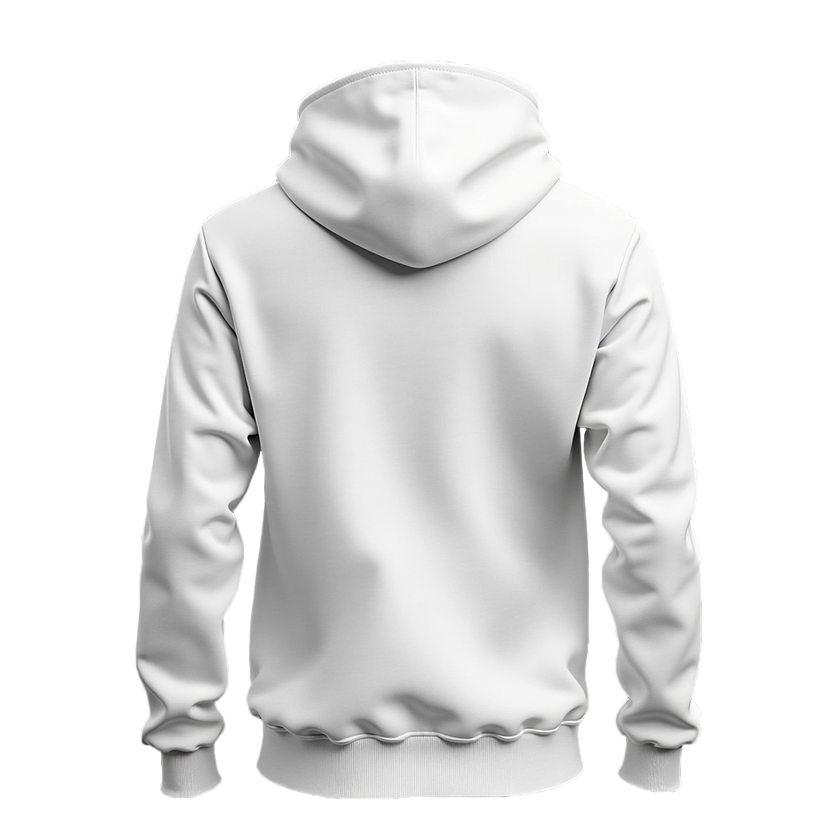 A plain white pullover hoodie shown from the back, centered on a clean white background.