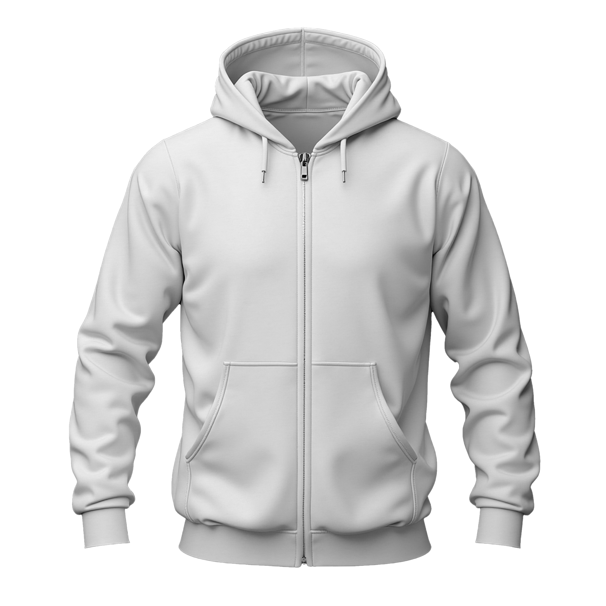 A White full-zip hoodie with a drawstring hood and front kangaroo pockets, shown on a plain white background.