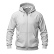 A White full-zip hoodie with a drawstring hood and front kangaroo pockets, shown on a plain white background.