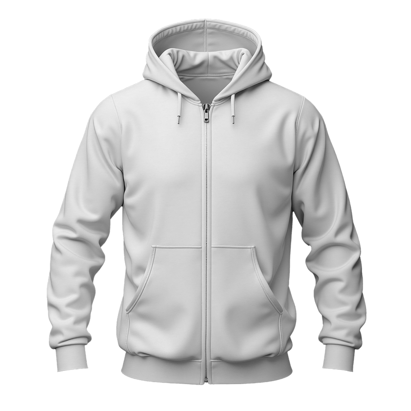 A White full-zip hoodie with a drawstring hood and front kangaroo pockets, shown on a plain white background.