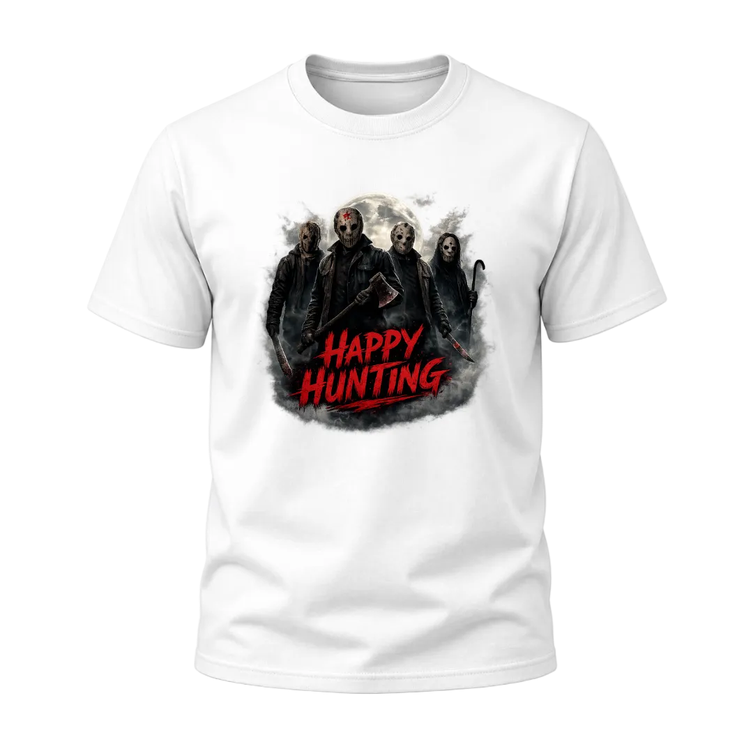 White Happy Hunting adult T shirt featuring dark masked characters, a moonlit background and vivid red Halloween lettering.