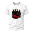 White Happy Hunting adult T shirt featuring dark masked characters, a moonlit background and vivid red Halloween lettering.