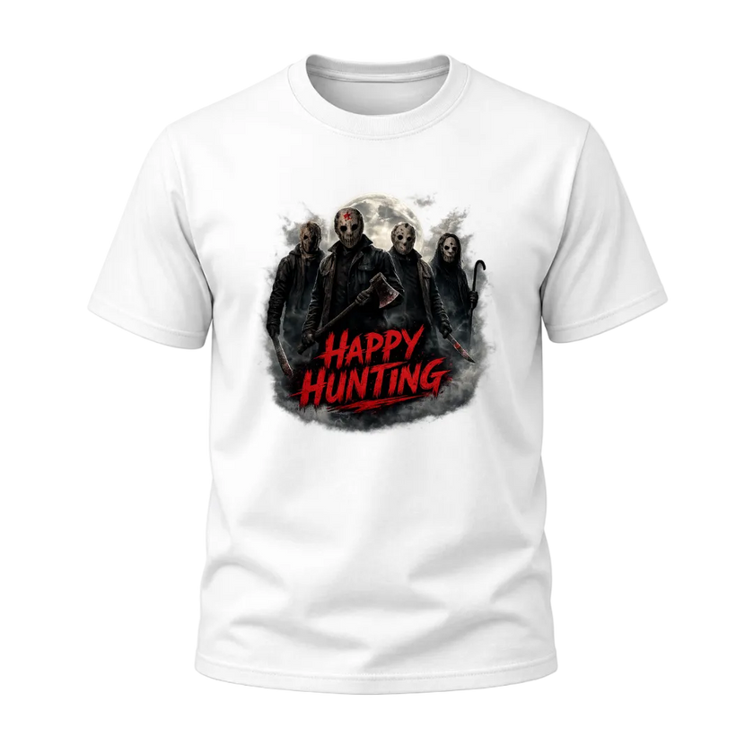 White Happy Hunting adult T shirt featuring dark masked characters, a moonlit background and vivid red Halloween lettering.