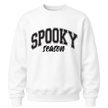 White Spooky Season crewneck sweatshirt with bold black Halloween graphic for women, men and fall season outfits
