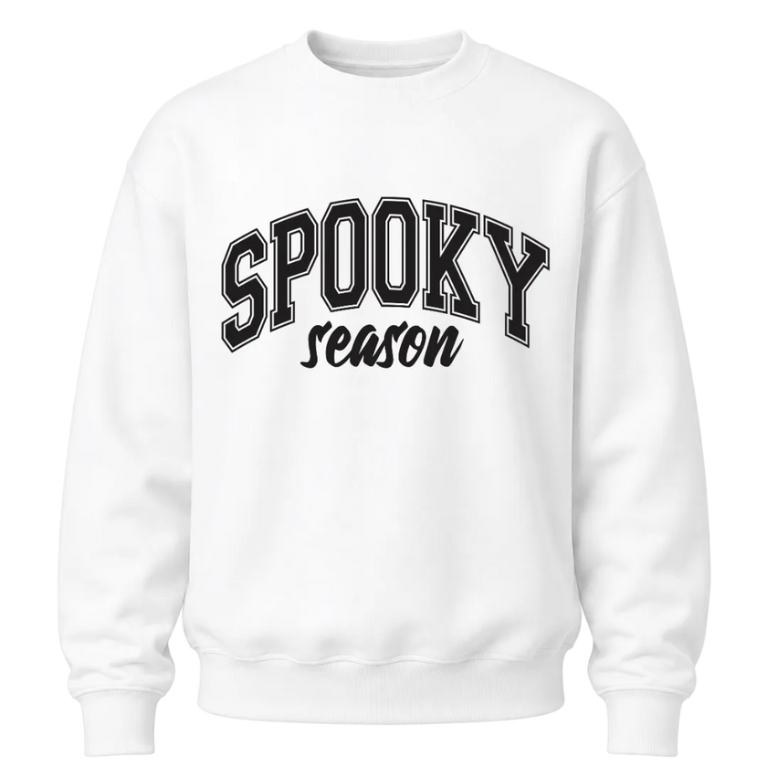 White Spooky Season crewneck sweatshirt with bold black Halloween graphic for women, men and fall season outfits
