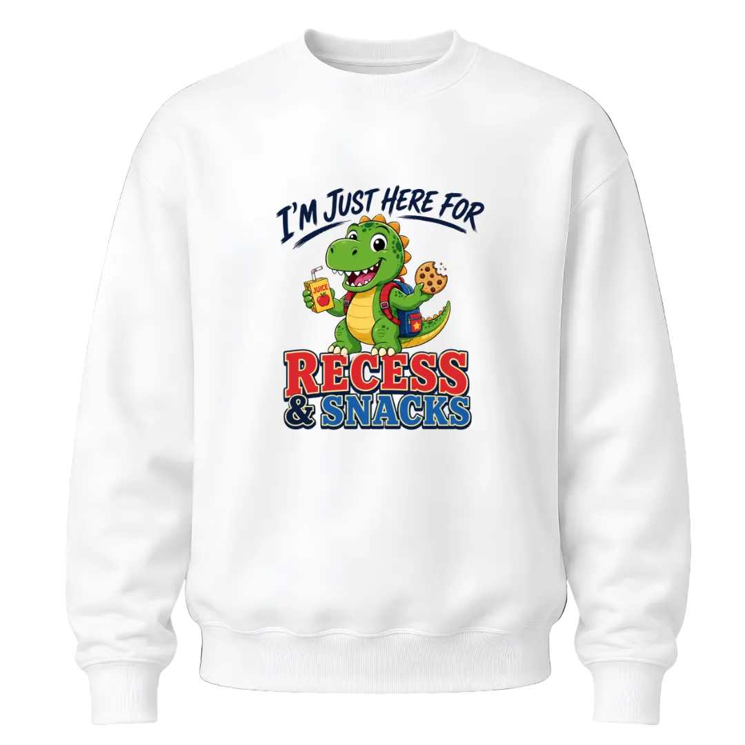 White youth crewneck sweatshirt featuring a cute dinosaur holding a cookie and juice box with I'm Just Here for Recess and Snacks school graphic