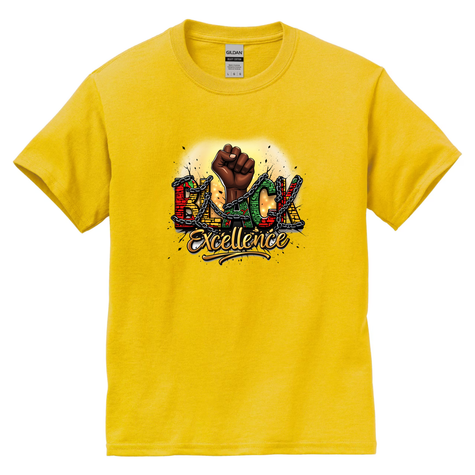Yellow unisex t-shirt featuring Black Excellence graphic design with raised fist artwork.