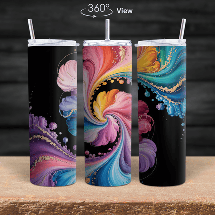 Colorful abstract swirl tumbler with vibrant rainbow paint design on black background, stainless steel lid and straw.