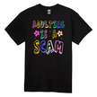 Funny ‘Adulting Is a Scam’ T-shirt with colorful retro letters and flower graphics. Perfect sarcastic tee for adults.