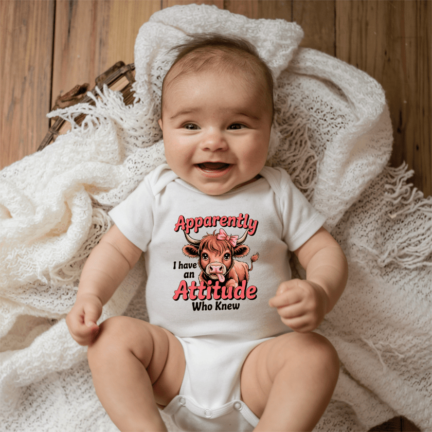 baby smiling wearing cute funny onesie with cow illustration
