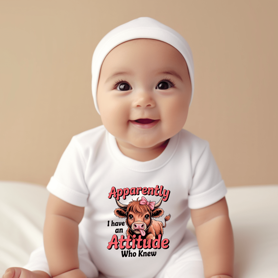 infant onesie displayed with baby clothing accessories and neutral background