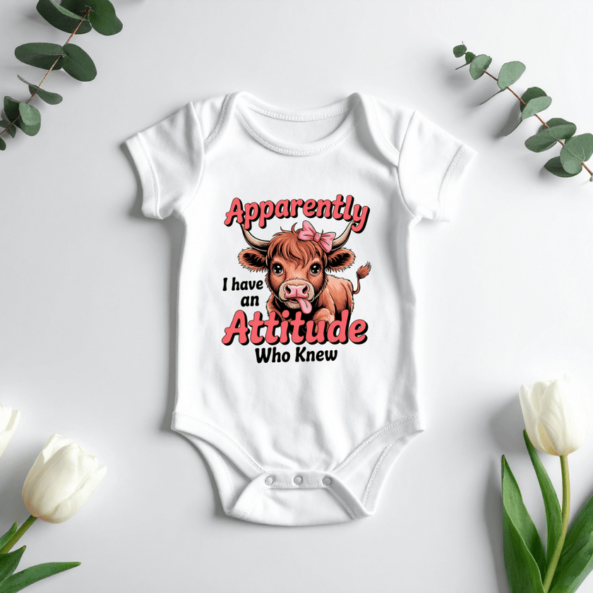 white baby bodysuit with cute cow graphic and humorous message