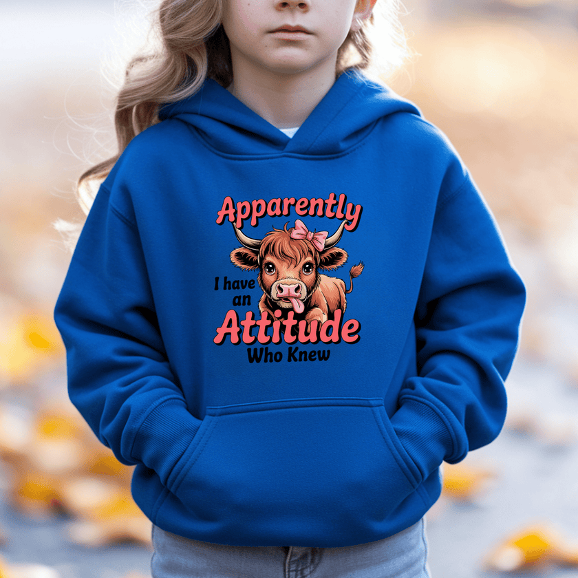 Royal blue youth hoodie with playful cow illustration and cute attitude statement graphic